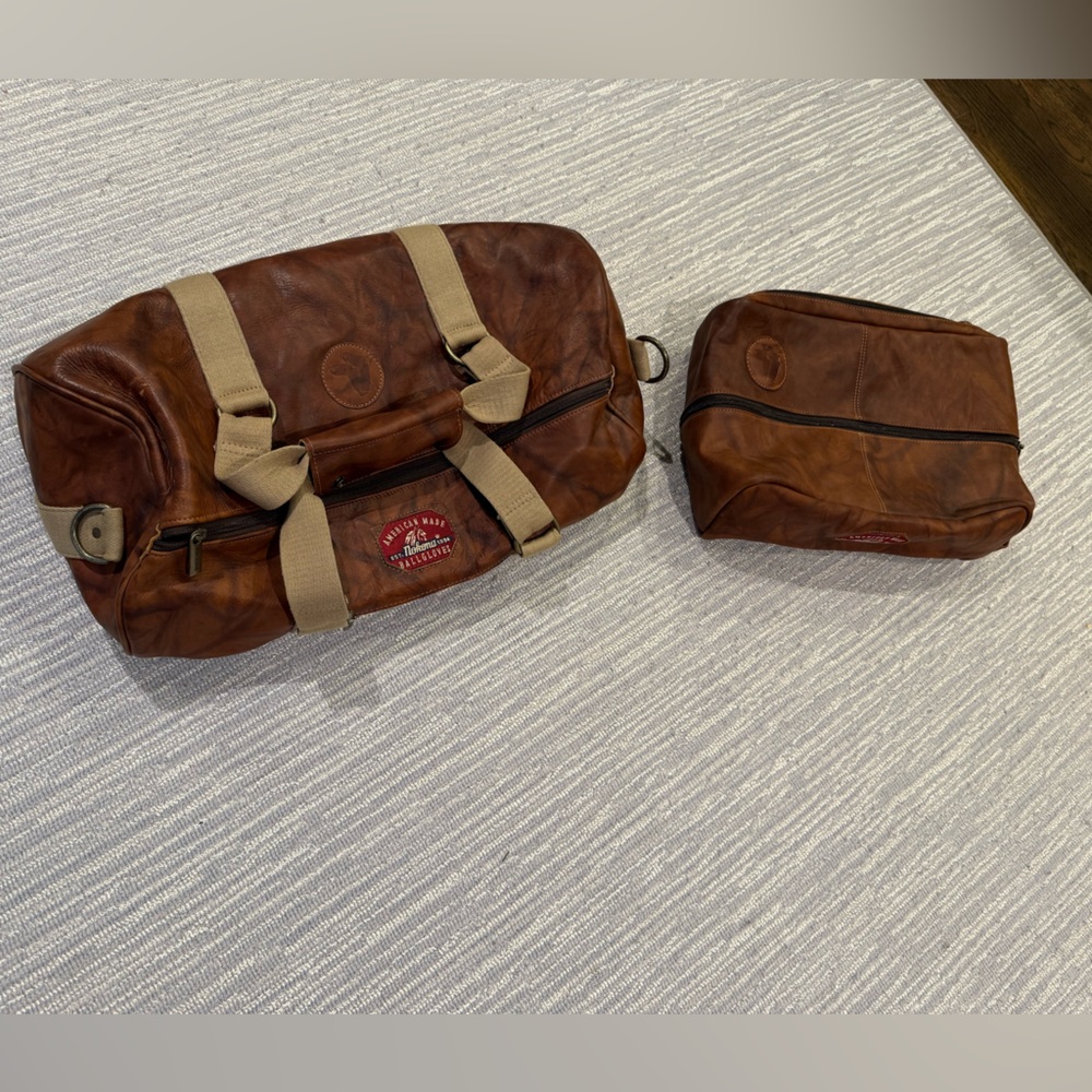 Korchmar World Series Leather Weekender bag and matching Dopp Kit